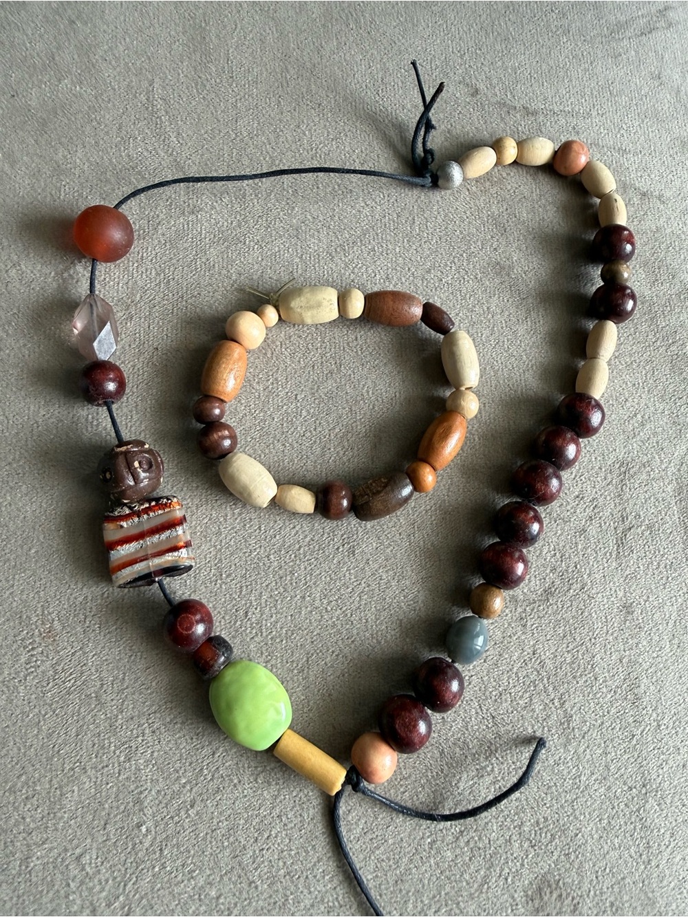 Handcrafted Multicolor Wood Bead Necklace and Bracelet Set